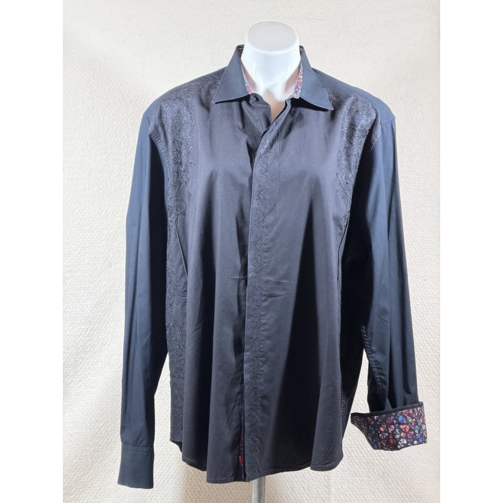 Robert Graham Polo Shirt Mens 2XL Navy Skull Embroidered Paisley Luxury